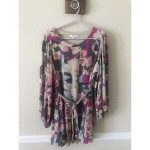 Andre By Unit Womens Size L Abstract Floral Dress Boho Gauzy Long Sleeve Sash